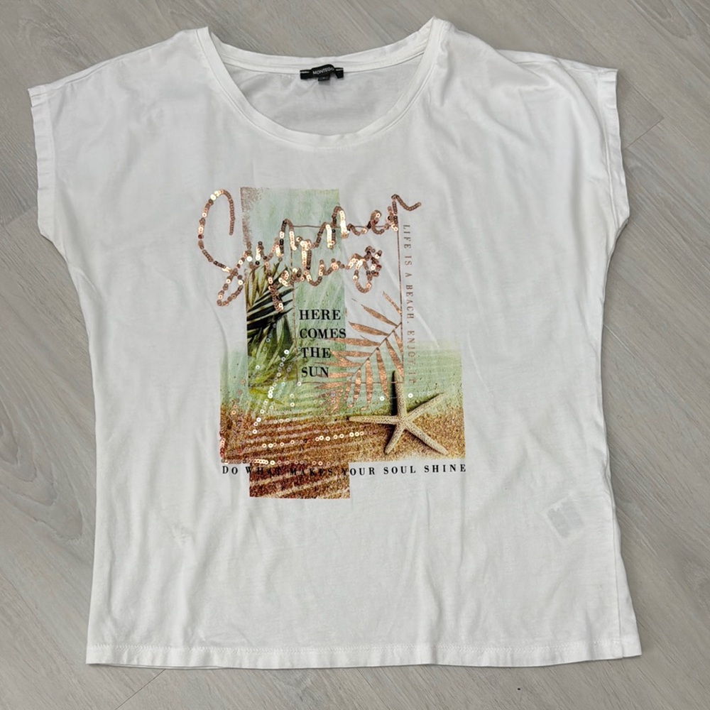 White Cap Sleeve Graphic Tee with Gold Accents